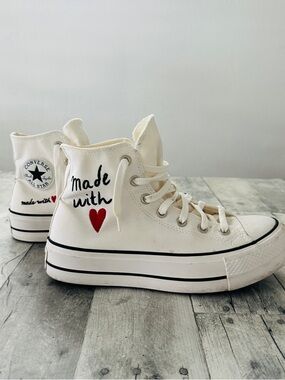 Converse | Made with Love|  White High Top Sneakers with Red Heart Accent 8
